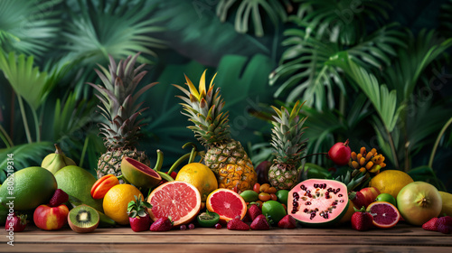 Assortment of tasty exotic fruits on wooden table