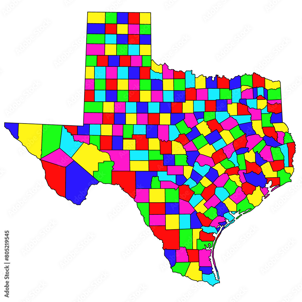 Texas administrative map. counties map of Texas with different colours, blank Map, empty map of