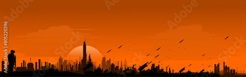 Vektor Silhouette Flugabwehr vor City Skyline - Raketensystem - Feuerleitstand zur Abwehr von Raketen, Drohnen, Flugzeugen, Marschflugkörpern und ballistischen Raketen photo