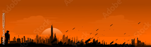 Vektor Silhouette Flugabwehr vor City Skyline - Raketensystem - Feuerleitstand zur Abwehr von Raketen, Drohnen, Flugzeugen, Marschflugkörpern und ballistischen Raketen