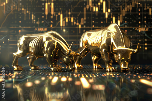 Golden bull and bear statues on a digital financial chart background 