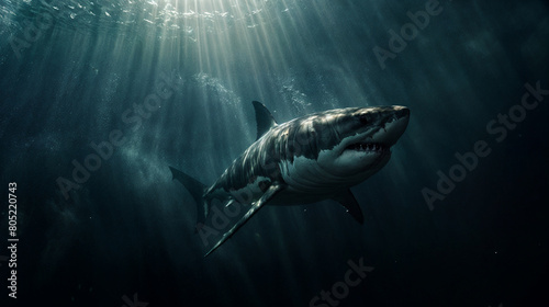 Great white shark swimming through the ocean with light shining down © Rajko
