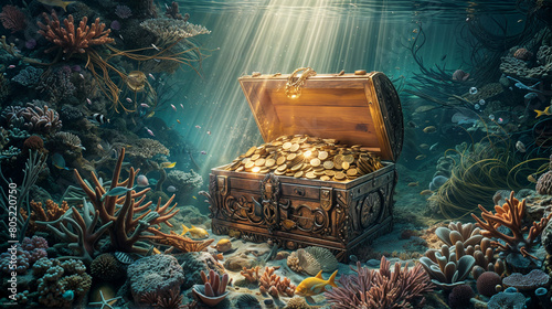 Chest full of gold underwater