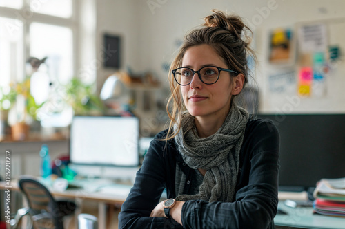 Woman wearing glasses with hair in messy bun standing in the office
