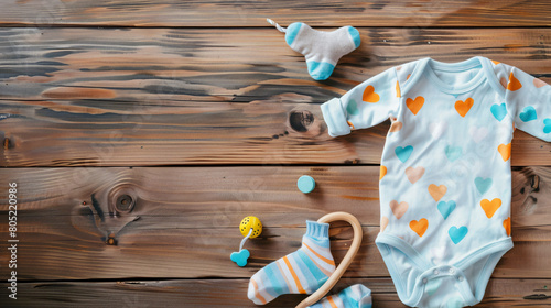 Baby bodysuit socks and rattle on wooden background photo