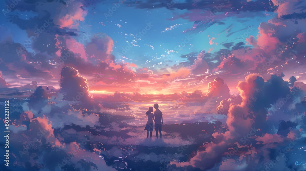 An evocative digital painting of a couple standing amidst clouds, enveloped by a vibrant, colorful sunset sky, Digital art style, illustration painting.