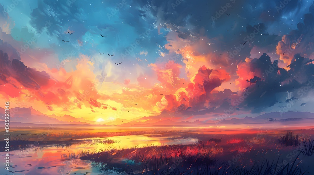 Stunning digital landscape featuring a vibrant sunset over serene wetlands, with birds flying in a colorful, cloud-filled sky, Digital art style, illustration painting.
