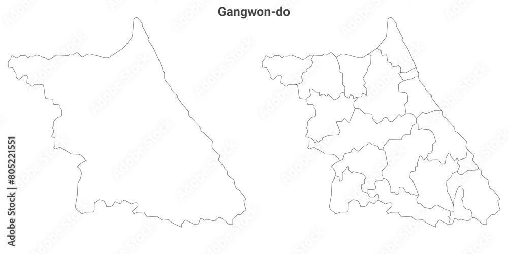 set of 2 political maps of gangwon province,  South Korea with regions isolated on white background. gangwon-do map with counties and cities