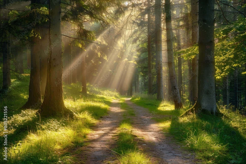 Naklejka premium Magical summer scenery in a dreamy forest, with rays of sunlight beautifully illuminating the wafts of mist and painting stunning colors into the trees. High quality photo
