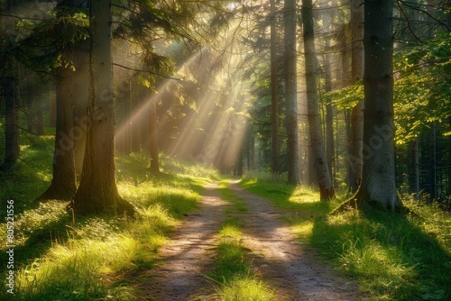 Magical summer scenery in a dreamy forest  with rays of sunlight beautifully illuminating the wafts of mist and painting stunning colors into the trees. High quality photo