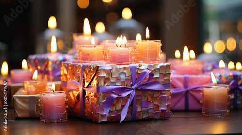 A beautifully wrapped gift with ribbon and bow surrounded by burning candles.