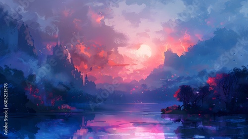 Captivating digital art of a surreal sunset casting vibrant pink and blue hues over a serene, mystical lake landscape, Digital art style, illustration painting.