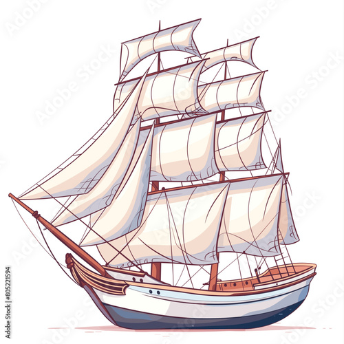 Tall ship sails billowing, vintage sailing vessel seaworthy adventure. Old sailing ship detailed illustration, marine travel exploration theme. Classic clipper ship, nautical maritime transport