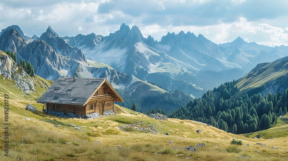 Italian Alps, Dolomites Landscape with Rustic Mountain Hut, Stunning Summer Hiking Destination Italian Alps, Dolomites Landscape with Rustic Mountain Hut, Stunning Summer Hiking Destination