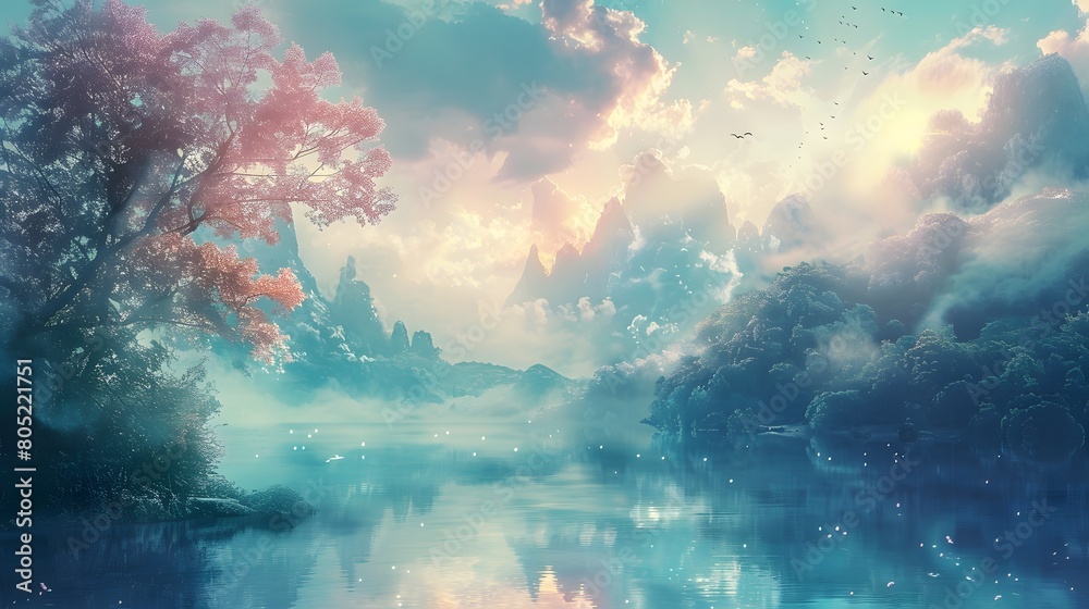 Digital art of a mystical forest with radiant pink hues, mist enveloping tall trees beside a gently flowing river, Digital art style, illustration painting. Digital art of a mystical forest with radiant pink hues, mist enveloping tall trees beside a gently flowing river, Digital art style, illustration painting.