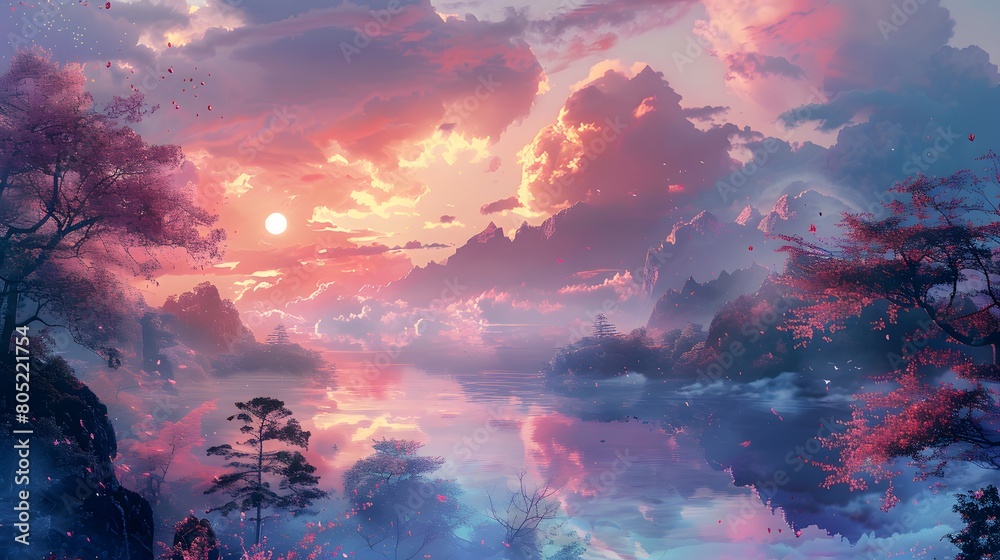 Digital art of a mystical forest with radiant pink hues, mist enveloping tall trees beside a gently flowing river, Digital art style, illustration painting.