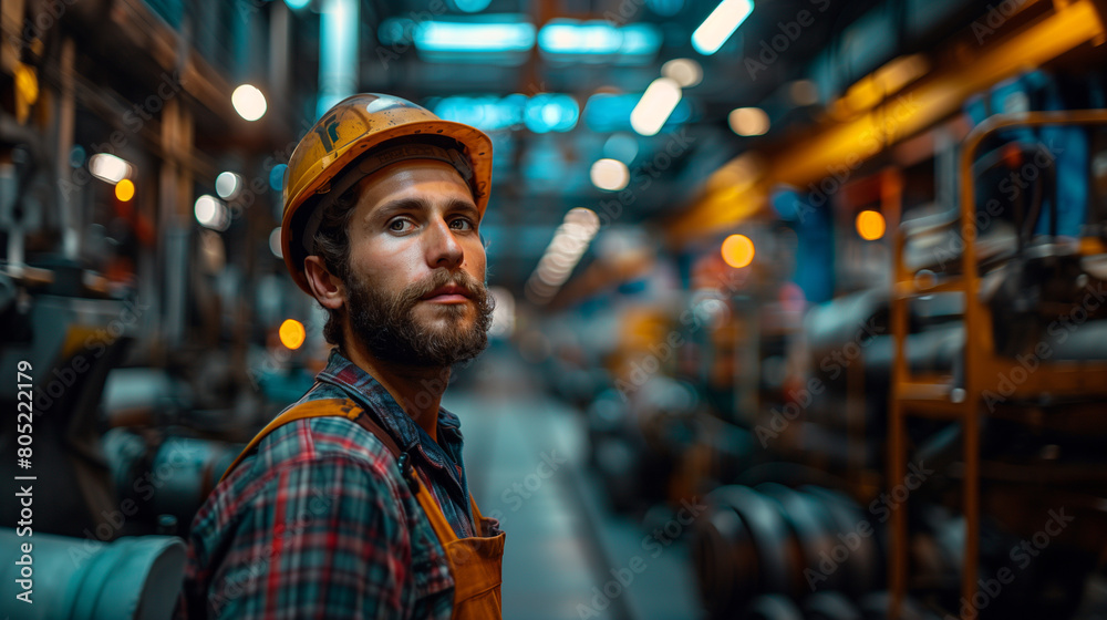Portrait of a focused industrial worker in a factory setting, wearing a hard hat and a serious expression amidst machinery