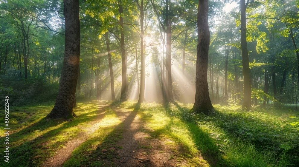 Fototapeta premium Magical summer scenery in a dreamy forest, with rays of sunlight beautifully illuminating the wafts of mist and painting stunning colors into the trees. High quality photo