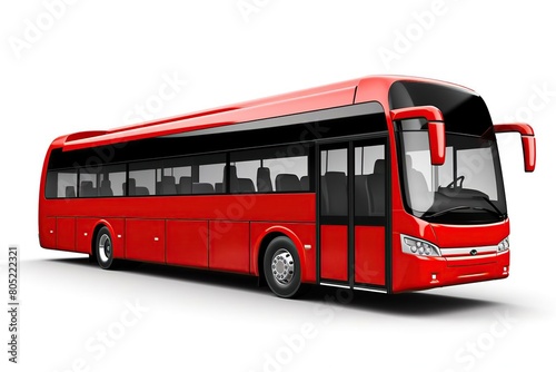 A red and black bus is shown from a side view. The bus has black windows and a black front bumper. The bus is on a white background.