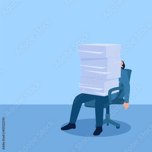 Man sitting crushed by a pile of work papers on a chair, illustration under pressure.