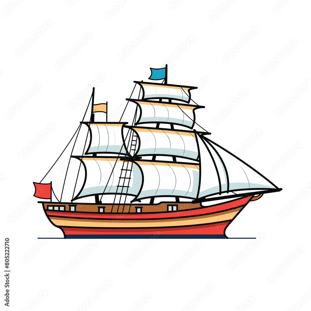 Colorful sailing ship illustration, featuring multiple sails flags. Vibrant tall ship cartoon drawing, representing historical maritime transport. Classic clipper vector art, perfect educational