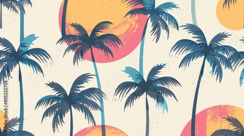 Wallpaper Mural Stylish Summer Vacation Seamless pattern. Landscape, Modern Palm trees , Mountain beach and ocean vector hand drawn style ,Design for fashion , fabric, textile, and all prints Torontodigital.ca