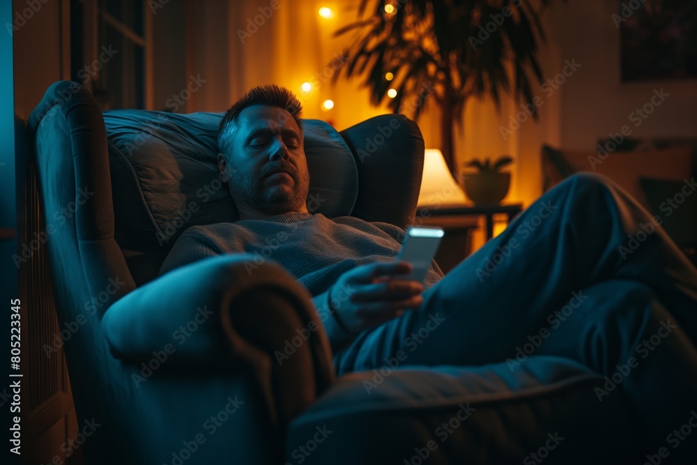 A man who stayed up late in an armchair, fell asleep with a phone in his hands, phubbing, dependence on technology, gadgets and social networks A man who stayed up late in an armchair, fell asleep with a phone in his hands, phubbing, dependence on technology, gadgets and social networks