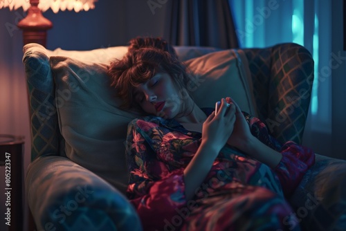 A woman who stayed up late in an armchair, fell asleep with a phone in her hands, phubbing, dependence on technology, gadgets and social networks photo