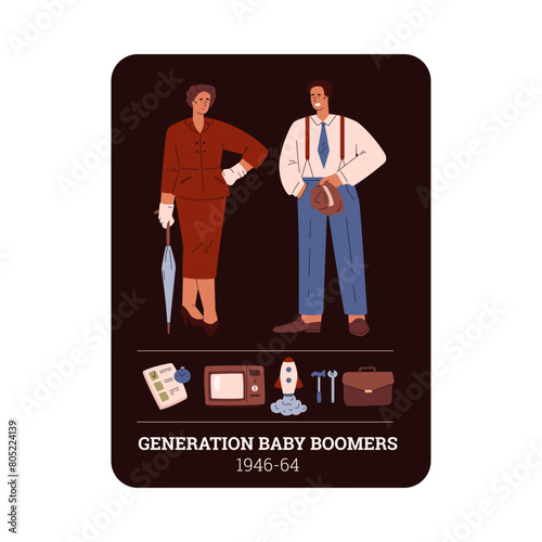 People Generation Baby Boomers 1946-64 social development vector information card design, retro character and symbols photo