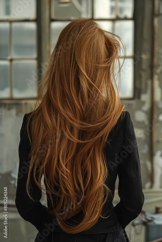 The rear view of a woman with flowing, chestnut-brown hair.