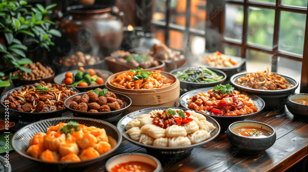 A lavish spread of Chinese cuisine arranged on the table, showcasing an array of delectable dishes and flavors