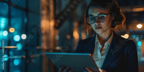 Beautiful young woman in a business suit wearing glasses, she's using tablet focused while standing tech office blue navy dim lights. photo