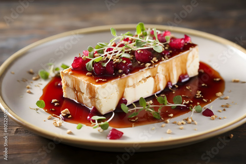 Plate with tasty cheesecake on wooden table, closeup view