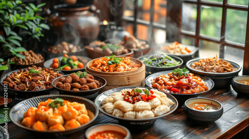 A lavish spread of Chinese cuisine arranged on the table, showcasing an array of delectable dishes and flavors photo