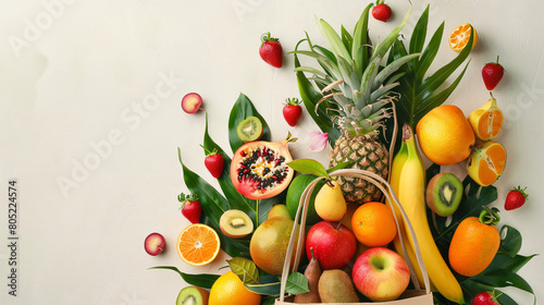 Bag with various delicious exotic fruits on light background