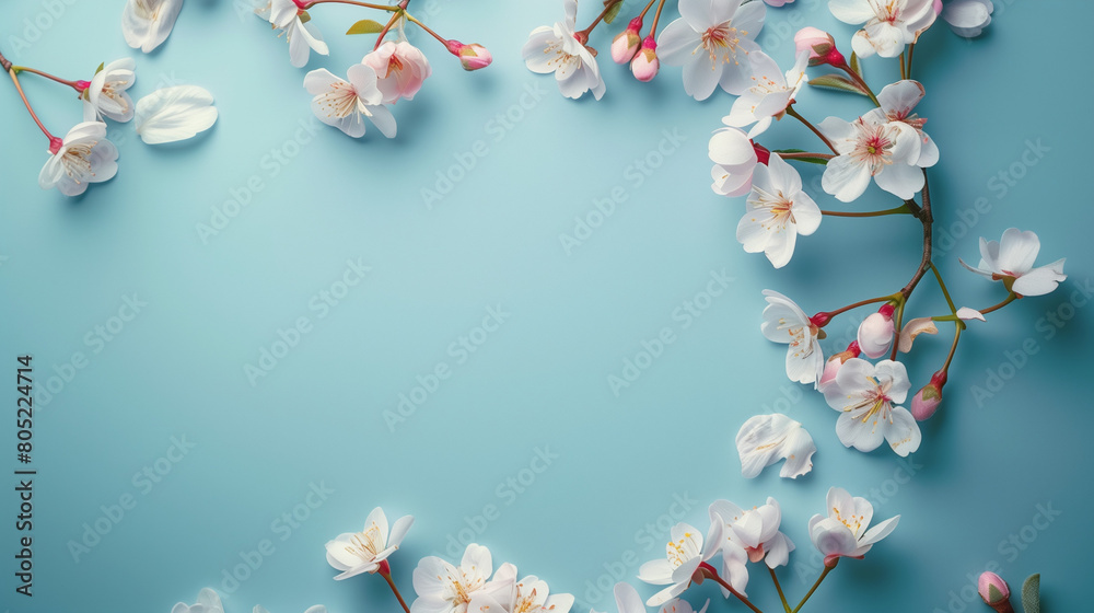 Vibrant cherry tree branches bursting with delicate blossoms set against a serene pastel blue backdrop, embodying the essence of springtime tranquility.
