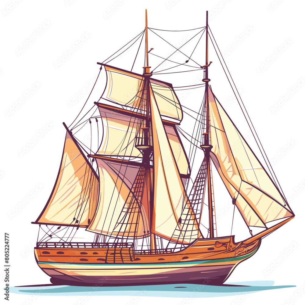 Sailboat illustration, detailed old sailing ship drawing, beige sails, sea vessel graphic. Nautical theme artwork, isolated white background, tall ship illustration, maritime transport. Vintage