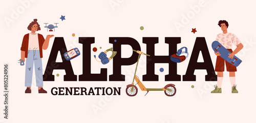 People Generation ALPHA 2010-2020 social development vector typographic banner, cartoon teenagers with game accessories