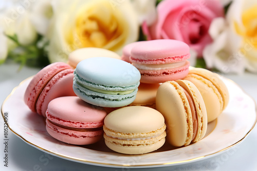 Colorful macaroons on plate and flowers on background, closeup