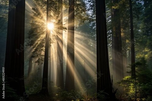 Tranquil Redwood forest sunrays. Bark natural. Generate Ai © juliars