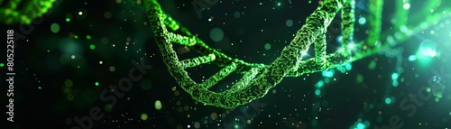 Vivid neon green DNA helix twisting against a deep black backdrop, symbolizing AI-driven genetic research in healthcare, clear and bright with text space photo