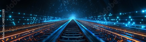 Neon light blue railways enhanced with AI-driven maintenance icons, against a dark background, symbolizing smarter rail systems, minimalist with space for text