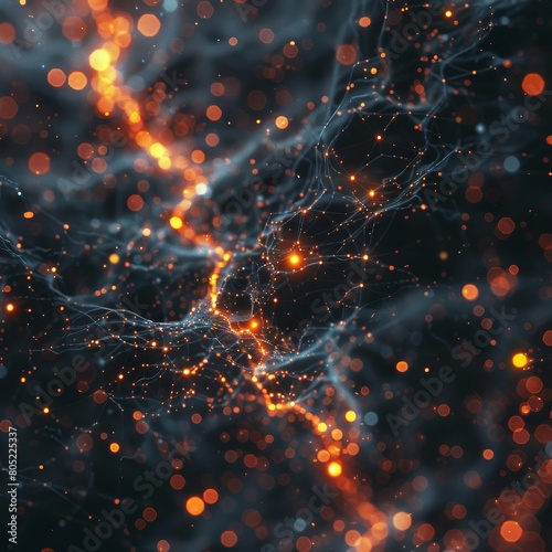 Artistic representation of a neon orange neural network, complex yet clear against a dark background, reflecting AIs role in neural research in healthcare, with text space photo