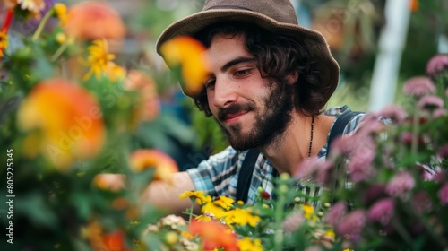 A charismatic closeup portrait of a landscaper arranging vibrant flowers, half body colorful strange bizarre sharpen blur background with copy space