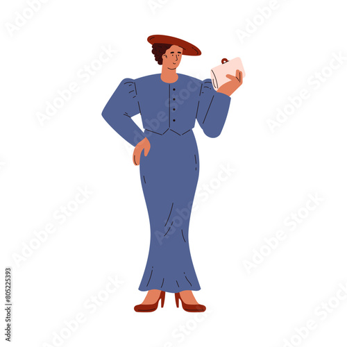 Beautiful woman in retro long dress hat and reticule handbag, vector cartoon Silent generation character vintage fashion photo