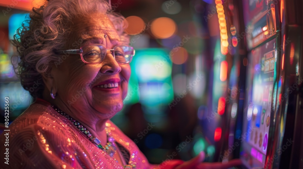 A senior lady is captured having a great time on the slot machines in a casino with neon lights reflecting a lively atmosphere