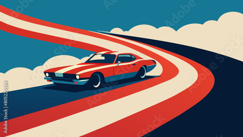 A vibrant and eye-catching vintage-inspired design featuring a racing car drifting around an American flag. The car is adorned with patriotic colors and leaves a trail of smoke as it navigates 