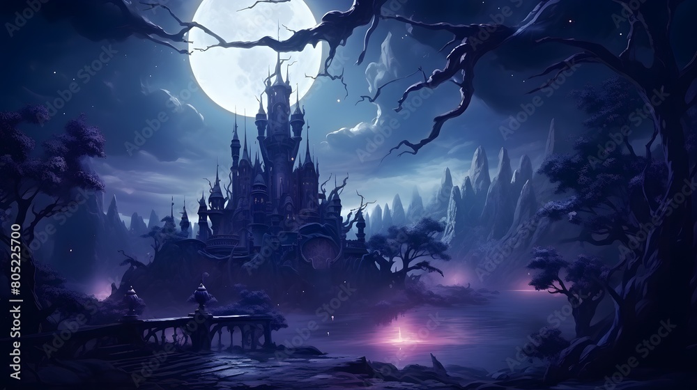 This digital artwork depicts a gothic castle set against a hauntingly beautiful full moon, surrounded by a mysterious landscape with swirling clouds and mist, Digital art style, illustration painting.