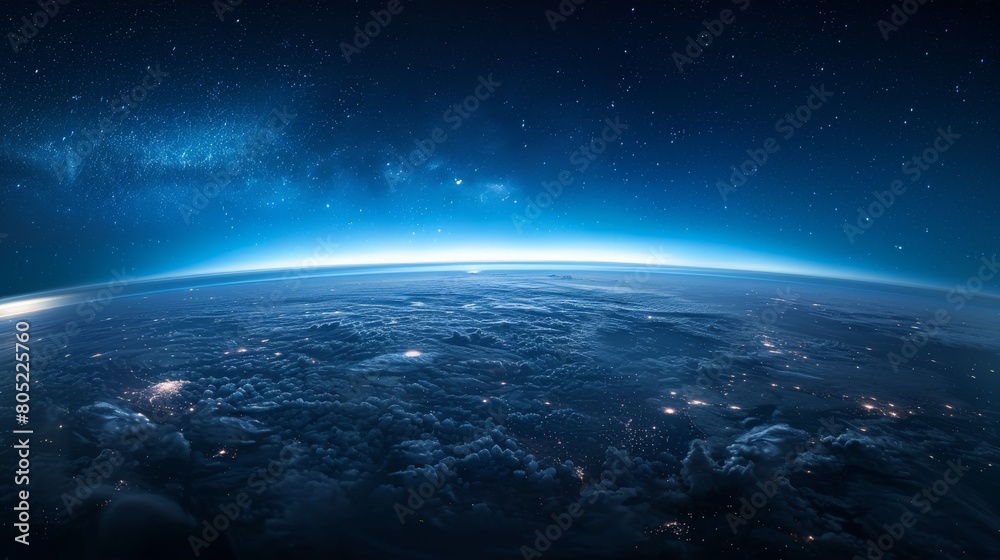 An expansive view of our planet Earth surrounded by a thin blue atmospheric glow and the vast cosmos, highlighting the cloud-covered surface An expansive view of our planet Earth surrounded by a thin blue atmospheric glow and the vast cosmos, highlighting the cloud-covered surface