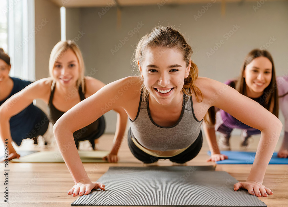 Obraz premium Woman smiles for camera while doing pushups